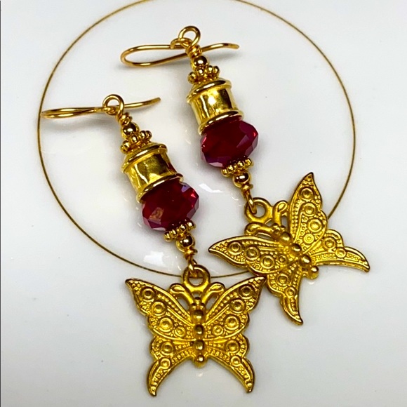 Handmade red gold butterfly earrings long artisan - Picture 2 of 7